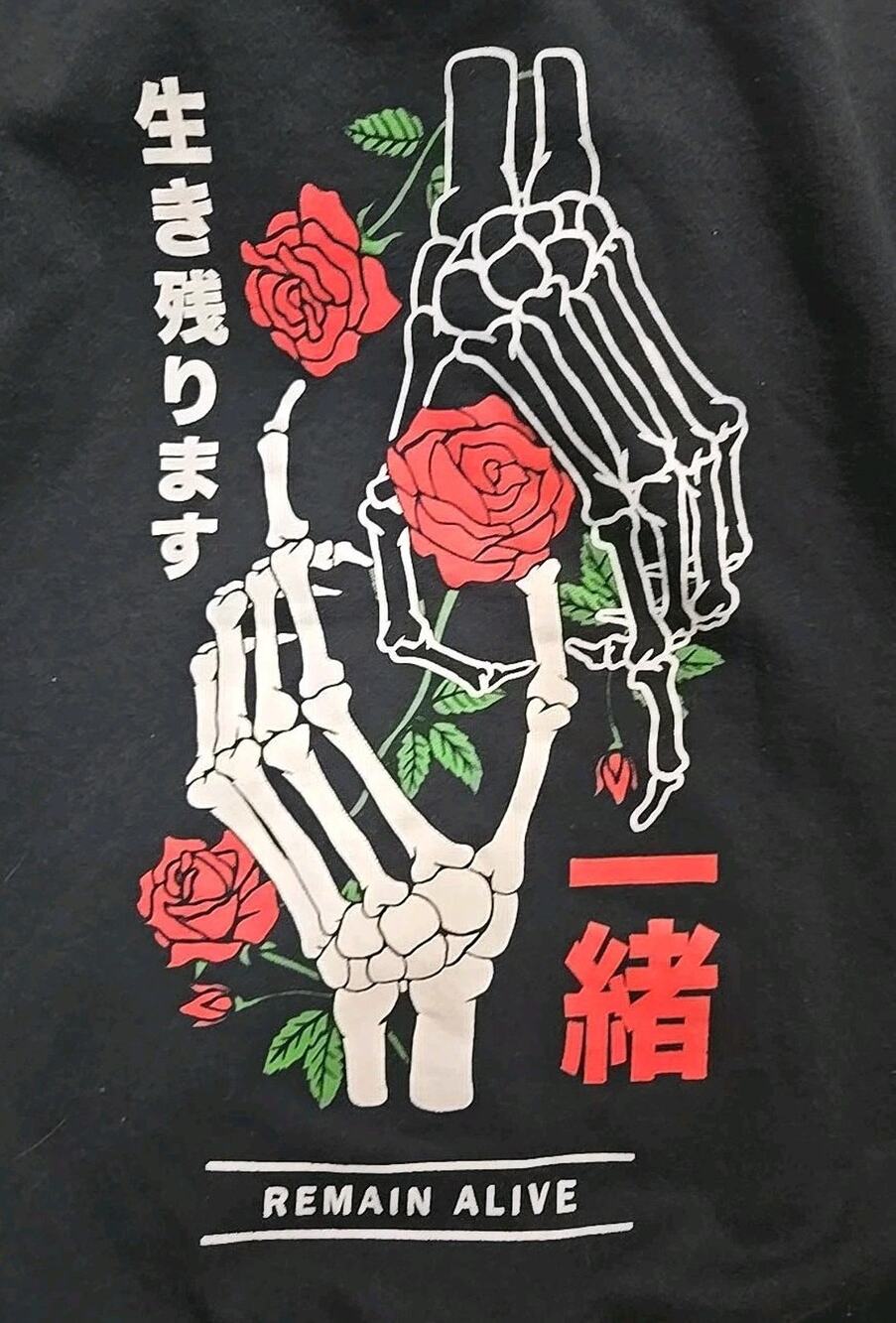 Empyre Mens M Black Hoodie Skeleton Hands Roses Japanese Graphic Remain Alive